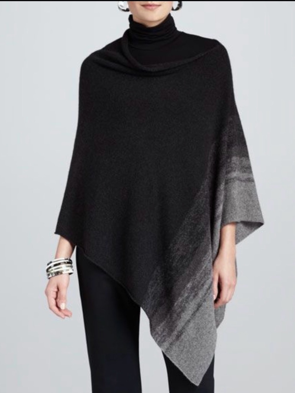Eileen Fisher Black and Gray Ombre Knit Poncho- Silk/Wool